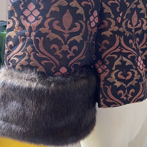 VTG nine west brown & rose gold 90’S brocade jacket removable faux fur trim 4 - Picture 7 of 15